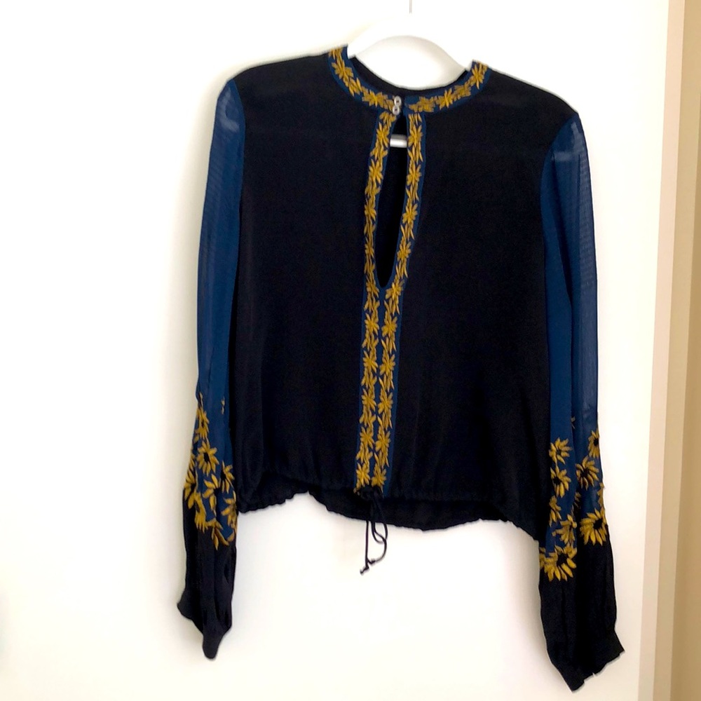 Free People blouse size L black/navy w/ gold embroidery- new! Never worn